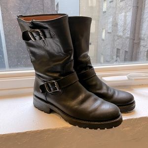 Frye lug-soled mid-calf moto boots, in excellent shape. Water resistant leather.
